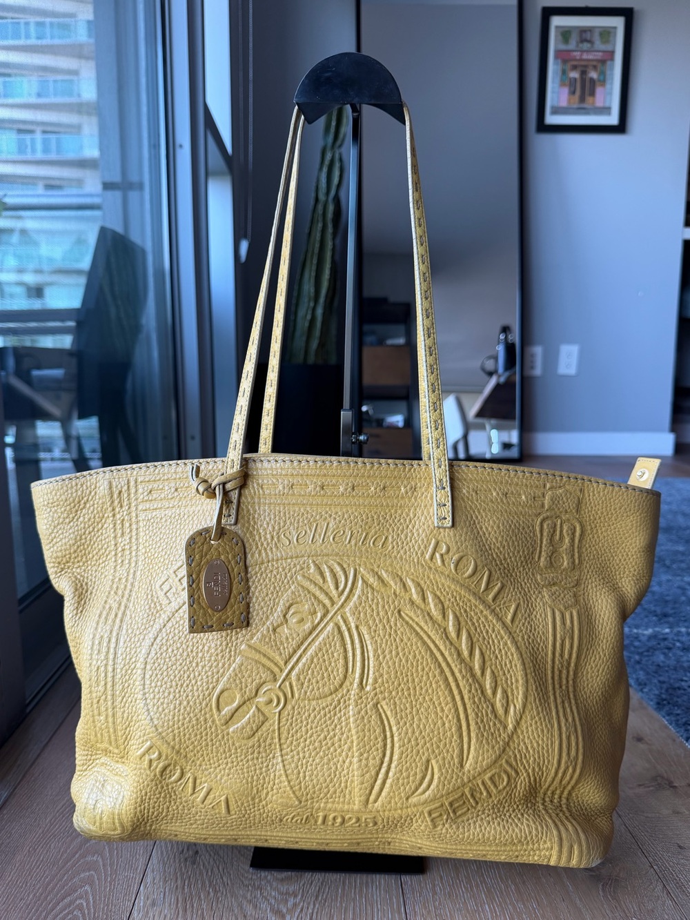 Fendi Selleria Yellow Leather Horse Embossed Logo Roll Tote Bag